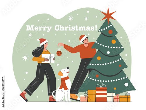 Obraz na płótnie Family with Dog Decorating Christmas Tree Together w salonie