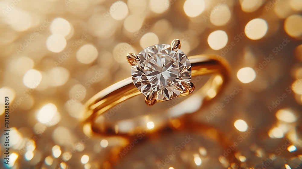 A sparkling diamond engagement ring with a gold band on a bokeh background. A sparkling diamond engagement ring with a gold band on a bokeh background.