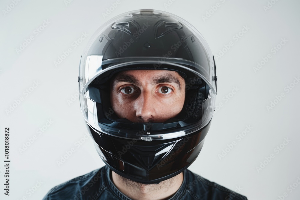 A person gazes directly at the camera, wearing a sleek black motorcycle helmet against a plain background, exuding safety and focus. A person gazes directly at the camera, wearing a sleek black motorcycle helmet against a plain background, exuding safety and focus.