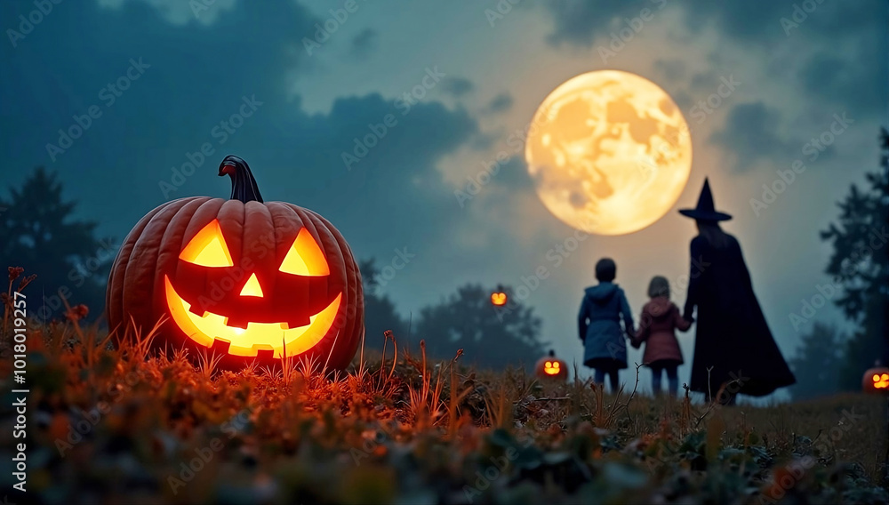 pumpkin with a glowing jack-o-lantern face in the foreground, with silhouettes of a witch and two children running against a dark, cloudy night sky pumpkin with a glowing jack-o-lantern face in the foreground, with silhouettes of a witch and two children running against a dark, cloudy night sky