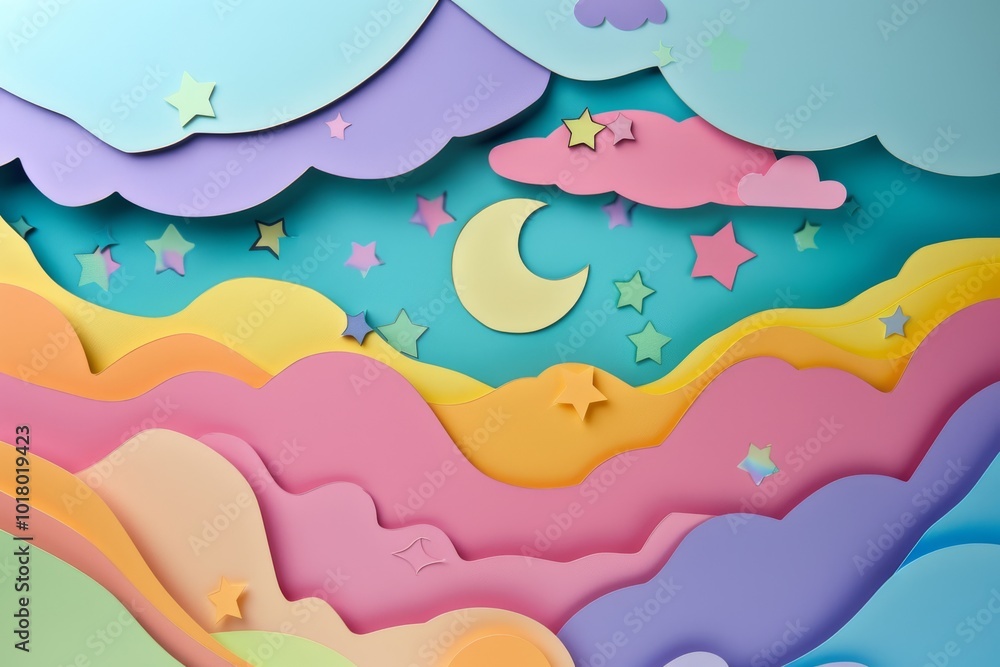 Bright pastel clouds swirl with stars and a crescent moon, illustrating a whimsical dreamland of soft and gentle skies. Bright pastel clouds swirl with stars and a crescent moon, illustrating a whimsical dreamland of soft and gentle skies.