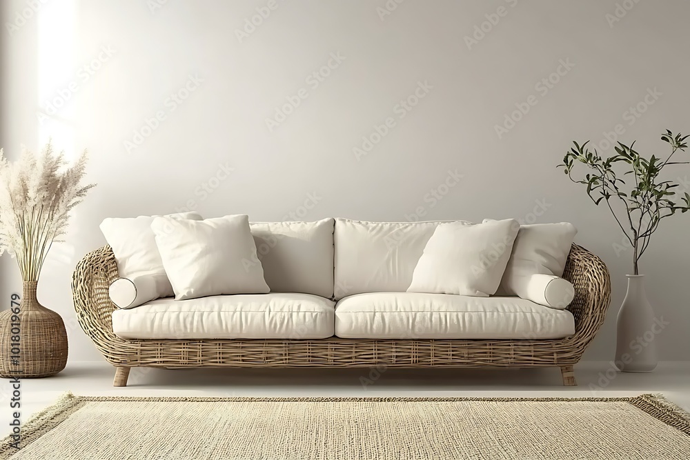 Cozy, neutral-toned living room with a stylish sofa. Cozy, neutral-toned living room with a stylish sofa.