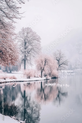 A serene winter landscape with trees and a calm lake reflecting the snowy scenery.