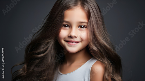 Portrait of smiling latin american girl child silver christmas background.