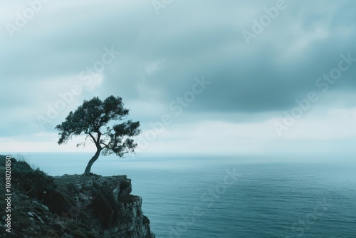 A lone tree stands resolutely on a cliff overlooking a vast, serene sea under a moody sky, portraying solitude and resilience. photo