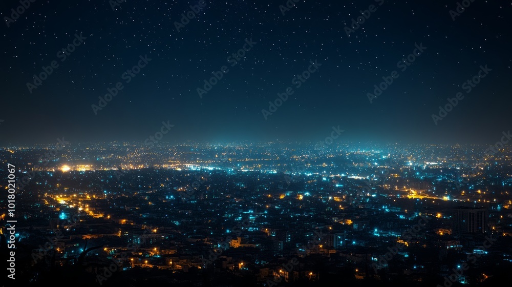 A panoramic view of a city at night with twinkling lights and a starry sky. A panoramic view of a city at night with twinkling lights and a starry sky.