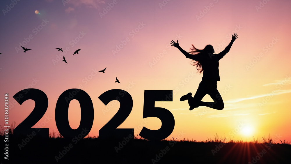 Silhouette leaps for joy beside 2025: New Year sunset symbolizes hope, freedom, and achievement for motivational content
Silhouette leaps for joy beside 2025: New Year sunset symbolizes hope, freedom, and achievement for motivational content