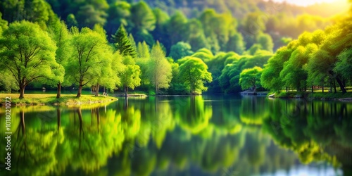 Witness the calmness of a forest lake, transformed by tilt-shift magic, evoking a sense of peace and inviting appreciation for nature's quiet