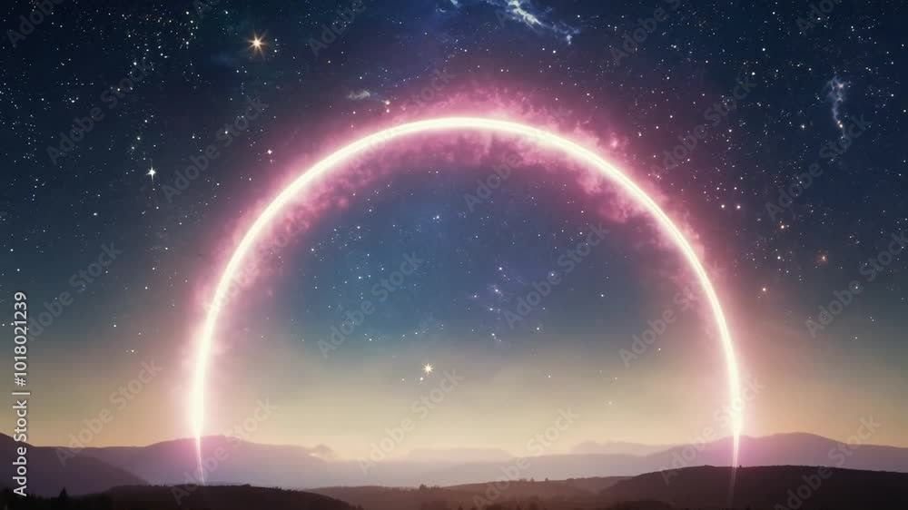 A bright, glowing ring of light in the night sky, with distant hills in the foreground. A bright, glowing ring of light in the night sky, with distant hills in the foreground.