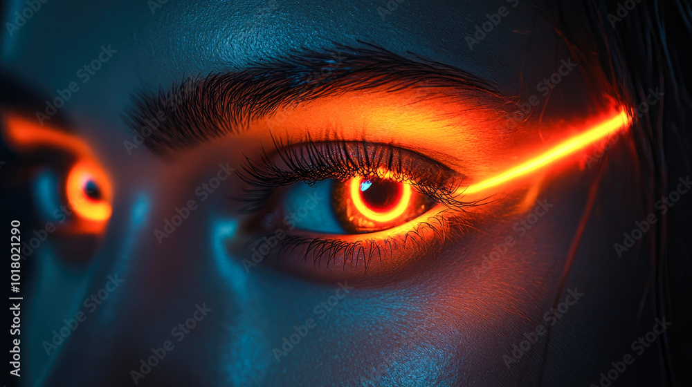 Intense close-up of an eye with a neon orange arc of light crossing through it, signifying insight and dynamic vision. Intense close-up of an eye with a neon orange arc of light crossing through it, signifying insight and dynamic vision.