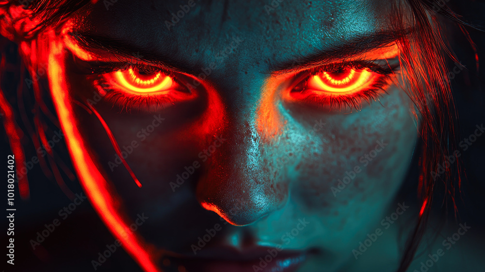 A woman focusing intensely with glowing red eyes, representing power, intensity, and futuristic advancements in human-tek merge. A woman focusing intensely with glowing red eyes, representing power, intensity, and futuristic advancements in human-tek merge.