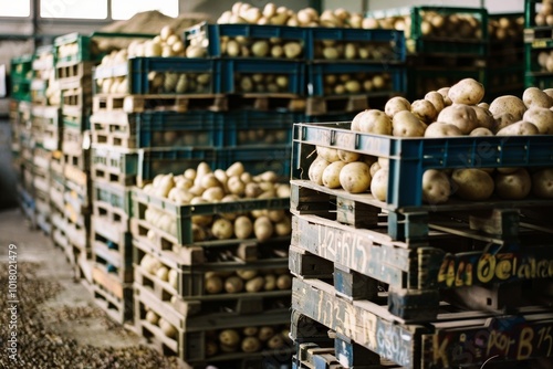 Crates stacked with fresh potatoes in a spacious storage facility, highlighting agricultural abundance and effective organization. photo