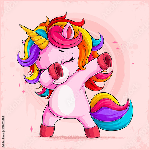 Hand drawn cute little girly Dabbing Unicorn, funny unicorn doing dabbing dance, Dabbing gesture