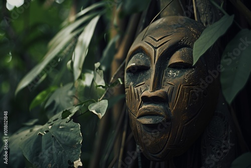 Fototapeta Naklejka Na Ścianę i Meble -  A mysterious carved mask surrounded by dense foliage reflects the enigmatic allure of hidden secrets within the jungle depths.