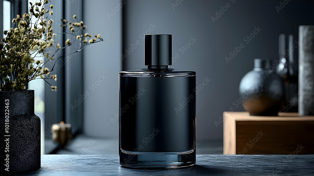 Elegant black perfume bottle on a stylish surface with decor. Elegant black perfume bottle on a stylish surface with decor.