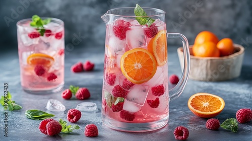 Wallpaper Mural A pitcher of pink, red fruit-filled water and glasses filled with ice, oranges, and raspberries on the table Torontodigital.ca