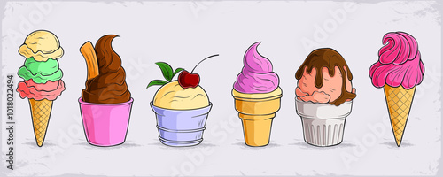 Set of hand drawn tasty ice cream cones and pots with different delicious flavors isolated