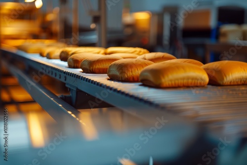 Golden loaves of bread traverse a bakery's warm conveyor, reflecting the artistry and precision of baking. photo