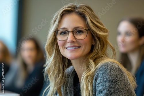 Smiling woman sitting at a table in a busy professional environment, surrounded by colleagues, conveying confidence and approachability.