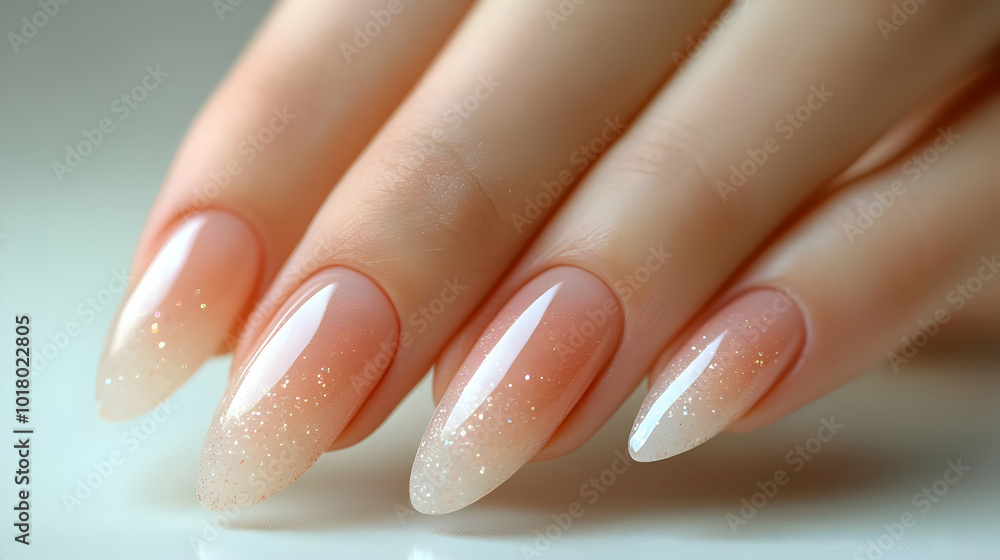 Elegant manicure featuring a gradient design with sparkles. Elegant manicure featuring a gradient design with sparkles.