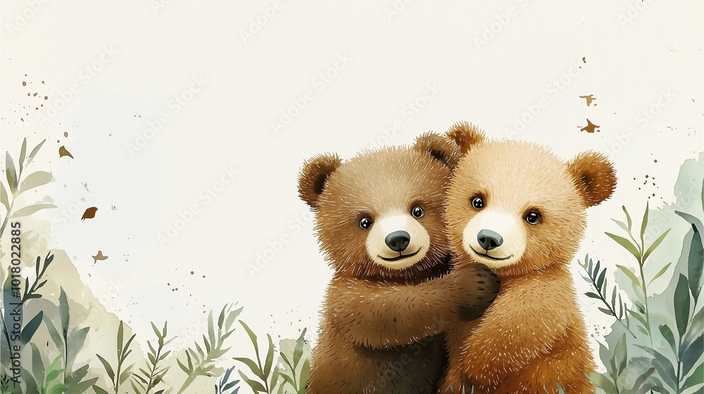 Two adorable bear cubs embracing amidst soft greenery, exuding warmth and friendship in a gentle, artistic style. Two adorable bear cubs embracing amidst soft greenery, exuding warmth and friendship in a gentle, artistic style.