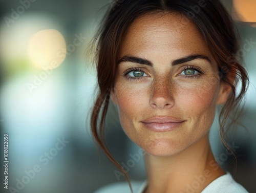 Portrait of a confident woman with light brown hair and blue eyes smiling gently, blurry background photo