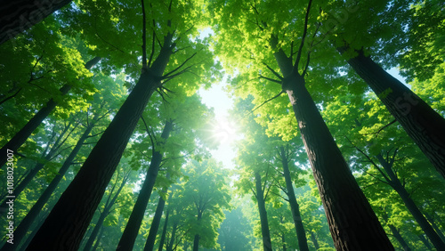 Majestic Forest Canopy: Upward View of Lush Trees and Sunlight for Nature-Inspired Designs and Environmental Campaigns