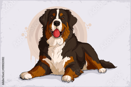 Hand drawn cute brown Swiss Bernese mountain dog lying down and panting isolated on white background