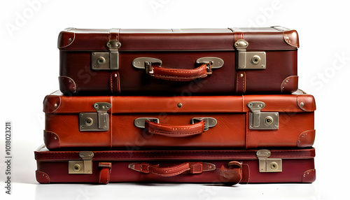 Stacked vintage suitcases with worn leather, isolated on white background, side view. Soft shadows accentuate the textures and aged materials, evoking a sense of history and travel.