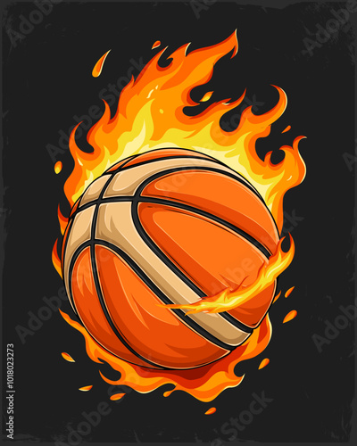 Hand drawn sport professional orange basketball ball set on fire isolated on black background