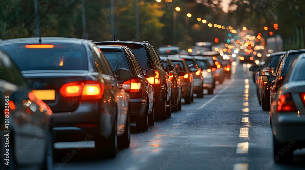 Evening traffic jam with cars lined up on a city road. Evening traffic jam with cars lined up on a city road.