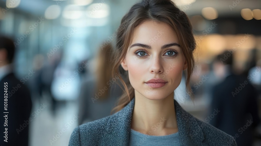 Young businesswoman confidently looking at camera in a busy office environment, representing professionalism and determination in the workplace. Young businesswoman confidently looking at camera in a busy office environment, representing professionalism and determination in the workplace.