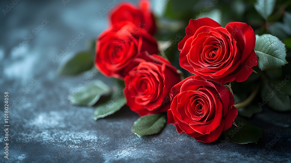 A bouquet of red roses on the right side with hearts scattered around.
A bouquet of red roses on the right side with hearts scattered around.