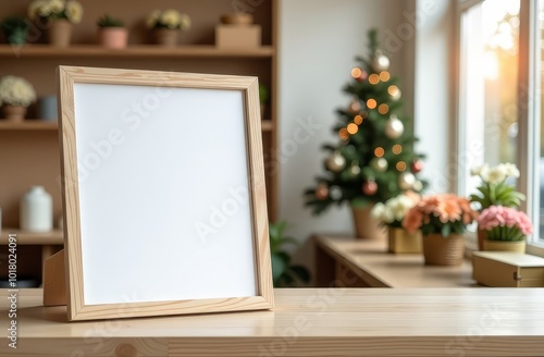 Blank frame on a marble table with Christmas tree and flowers in background.