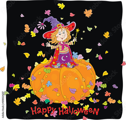 Happy little Halloween witch with a big hat and a cloak with stars standing on a large orange pumpkin and waving in greeting among colorful autumn leaves, vector cartoon postcard