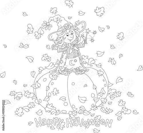 Happy little Halloween witch with a big hat and a cloak with stars standing on a large orange pumpkin and waving in greeting among fallen autumn leaves, vector cartoon postcard