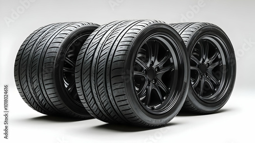 Four black alloy wheels with performance tires arranged in a row.