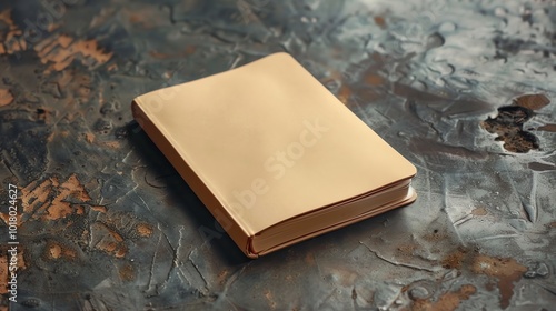 A closed book with a tan cover on a dark, rustic surface.