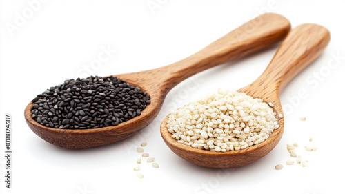 Black and white Sesame seeds in a woode spoon