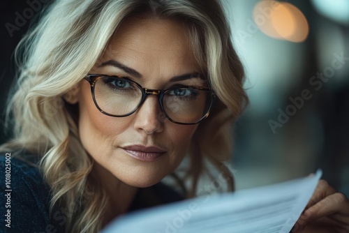 Woman with glasses holding documents, looking serious and focused, blurred background