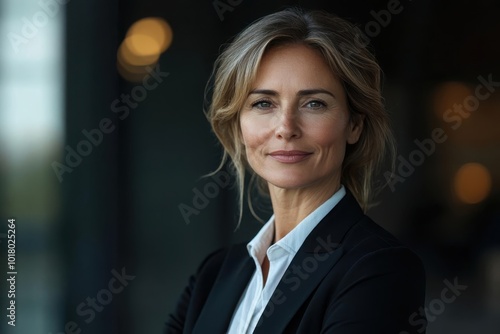 Confident businesswoman in a dark suit, smiling and posing with arms crossed in a modern office setting.