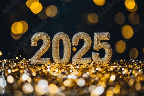 A sparkling greeting for the new year 2025 with shiny golden decorations and bokeh lights creating a festive atmosphere photo