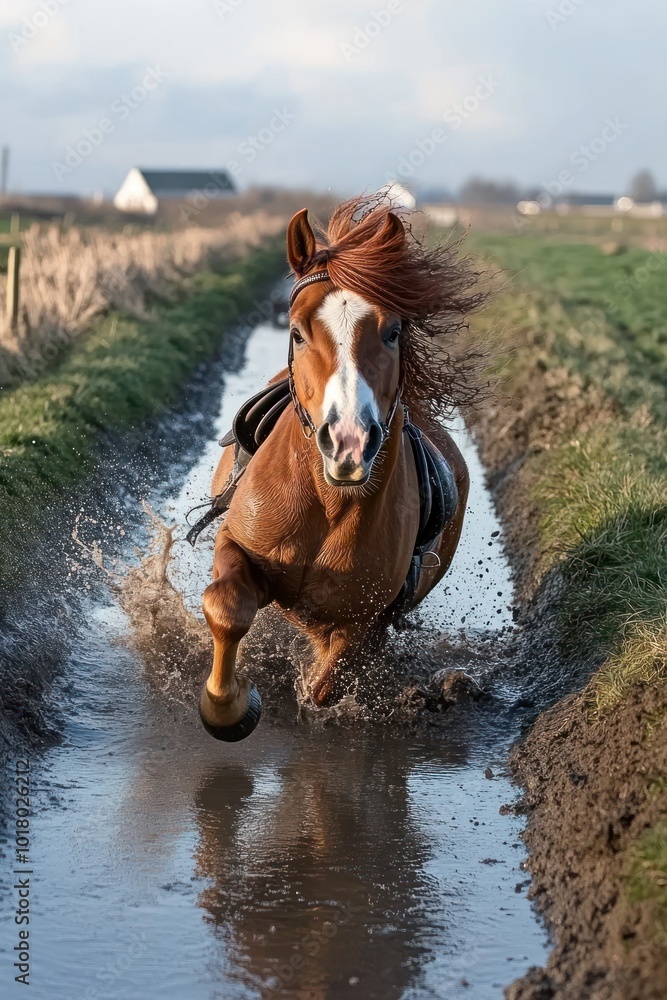Obraz premium A horse galloping through a muddy path, splashing water, showcasing speed and vitality.