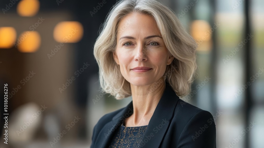 Portrait of a confident senior woman with glasses and long blonde hair, wearing a black blazer, standing in an office environment. Portrait of a confident senior woman with glasses and long blonde hair, wearing a black blazer, standing in an office environment.