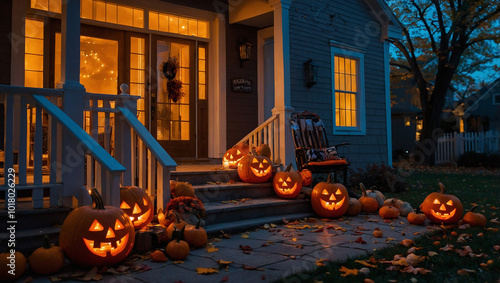 Quadro su tela Outdoor Halloween Candy Basket on Doorstep with Glowing Jack-O'-Lantern