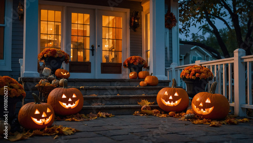 Foto Outdoor Halloween Candy Basket on Doorstep with Glowing Jack-O'-Lantern