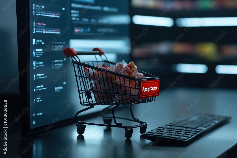 E-commerce Shopping Cart: A digital shopping cart on a computer screen filled with various items. The screen shows a total price with a large E-commerce Shopping Cart: A digital shopping cart on a computer screen filled with various items. The screen shows a total price with a large