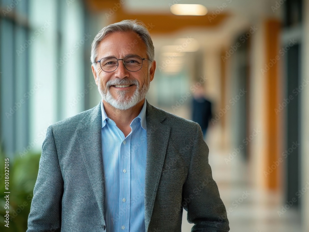 Smiling mature businessman with glasses in a modern office corridor, wearing a suit and looking confident, with a blurred background. Smiling mature businessman with glasses in a modern office corridor, wearing a suit and looking confident, with a blurred background.