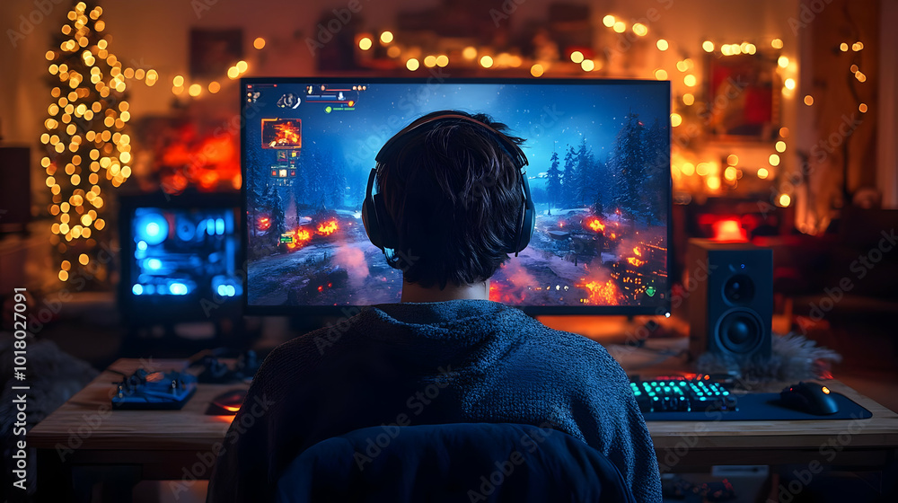 Gamer immersed in a colorful, festive gaming setup at home. Gamer immersed in a colorful, festive gaming setup at home.