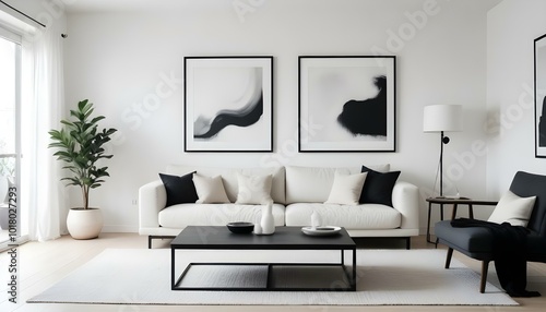 Minimalist white Japandi modern living room design with black wall art 